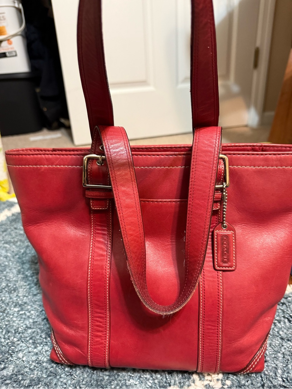 Coach Red Leather Shoulder Tote with Signature Hang Tag